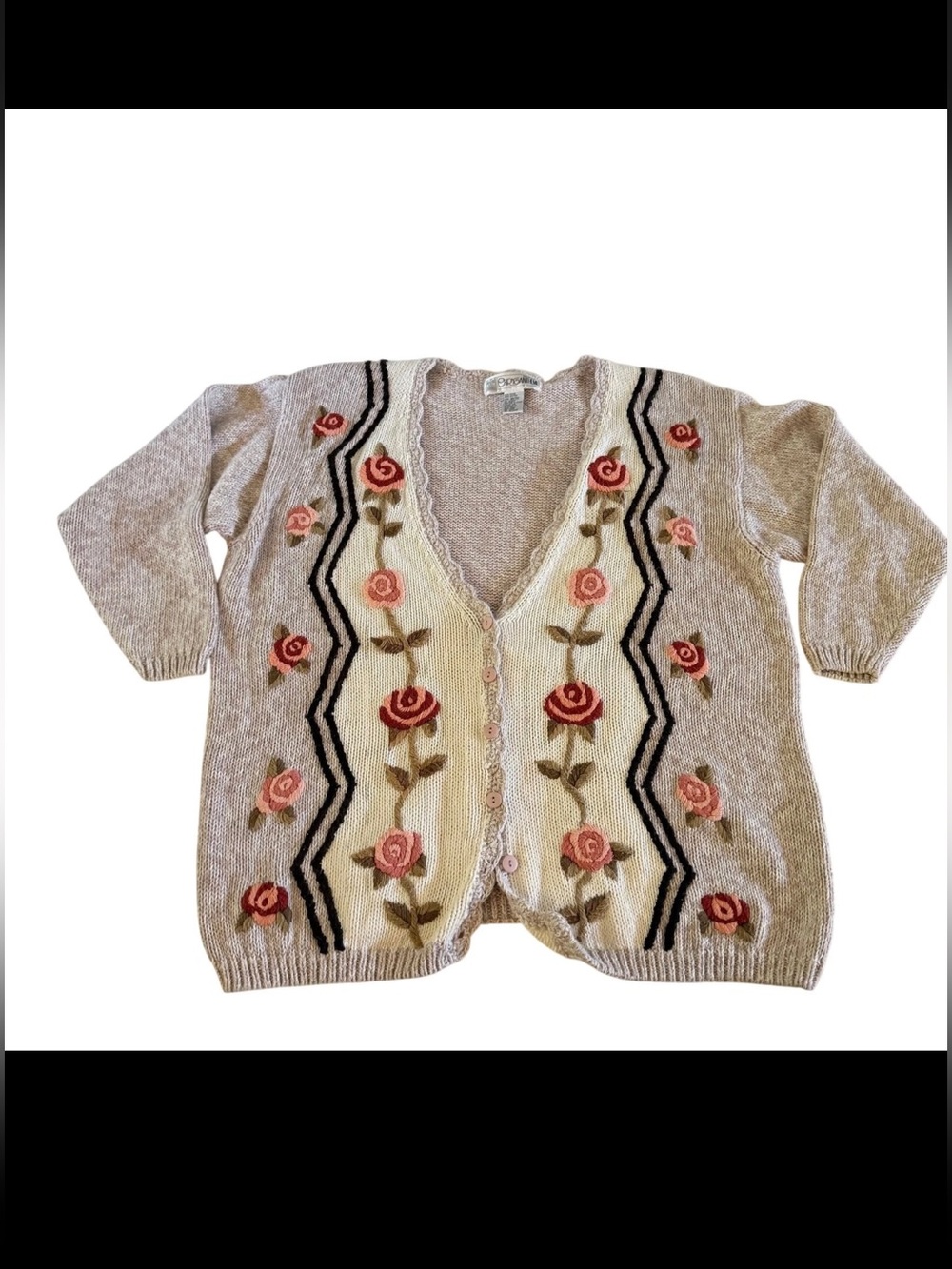Vintage 90s Floral Embroidered Roses Cardigan Sweater Scalloped Plus Cottage